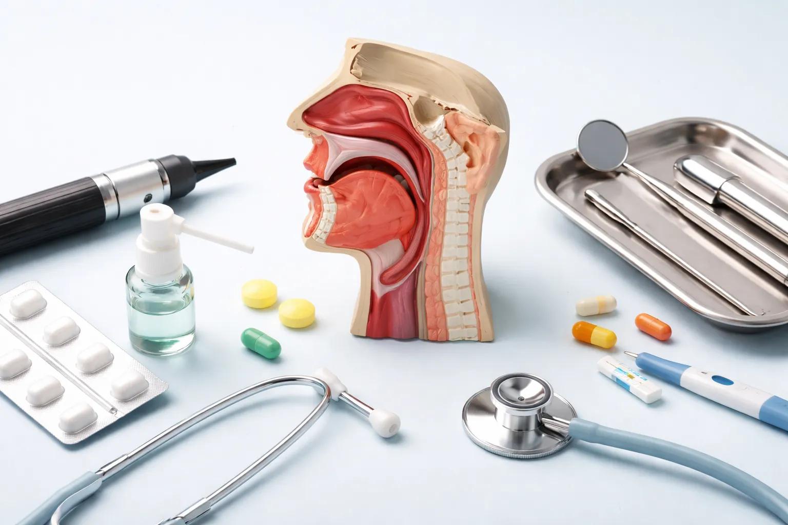 How to ChooENT medical setup with throat anatomy model, diagnostic tools, medicines, and instruments used for sore throat treatment and throat infection diagnosisse the Best Sore Throat Treatment for Viral and Bacterial Infections